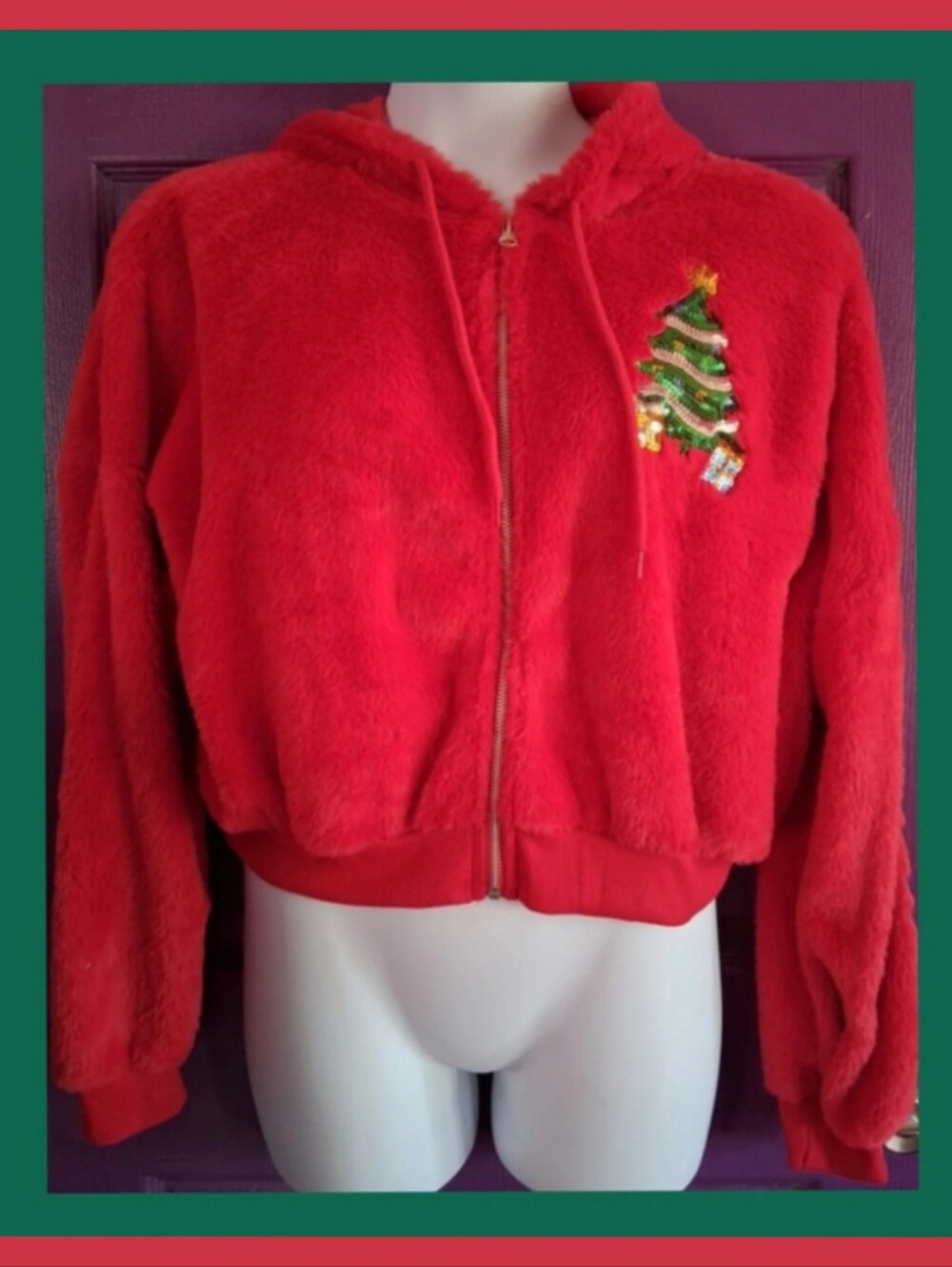 Red Fuzzy Holiday Zip-Up Hoodie Jacket